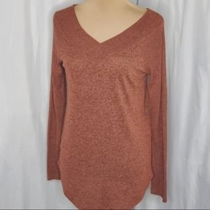 ☆ No Frills Long Sleeve Knit Top Burnt Orange Wide V-Neck Size Small